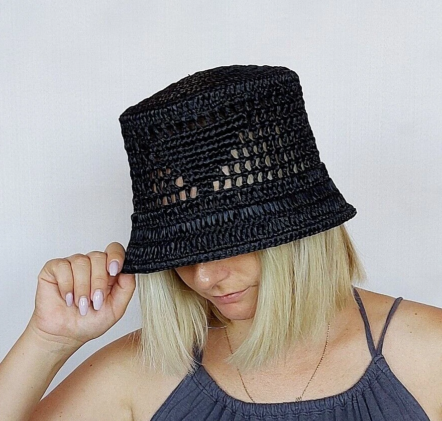 Black Raffia bucket hat Size L , Crochet straw hat, Mesh Black Bucket Hat