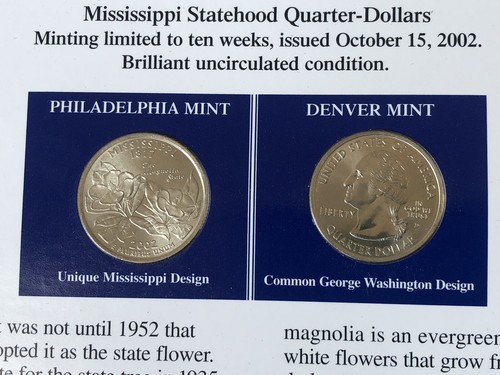 Commemorative Mississippi 2001 Mint 25c Quarters 5c Postage Stamps Display Card - Picture 2 of 9