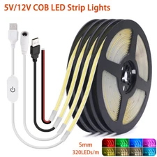 5V 12V COB LED Strip Light White USB TV Backlight Lamp Self Adhesive Tape Rope