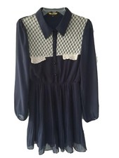Angelfye London Classic Dress Sz M Navy Blue Women Pleated Vintage 0672