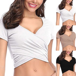 Women-V-Neck-Short-Sleeve-T-Shirt-Crop-Top-Summer-Yoga-Sport-Stretch-Blouse-Tee
