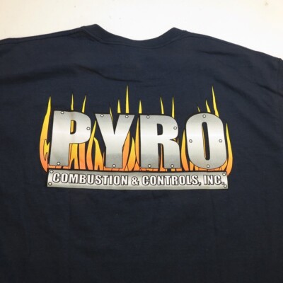 NEW PYRO COMBUSTION & CONTROLS Pyrotechnics FIREWORKS TEE T SHIRT Mens L Blue 