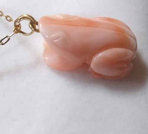 Vintage Carved Angel Skin Coral Frog Pendant Necklace Gold Filled Earrings Japan - Picture 5 of 20