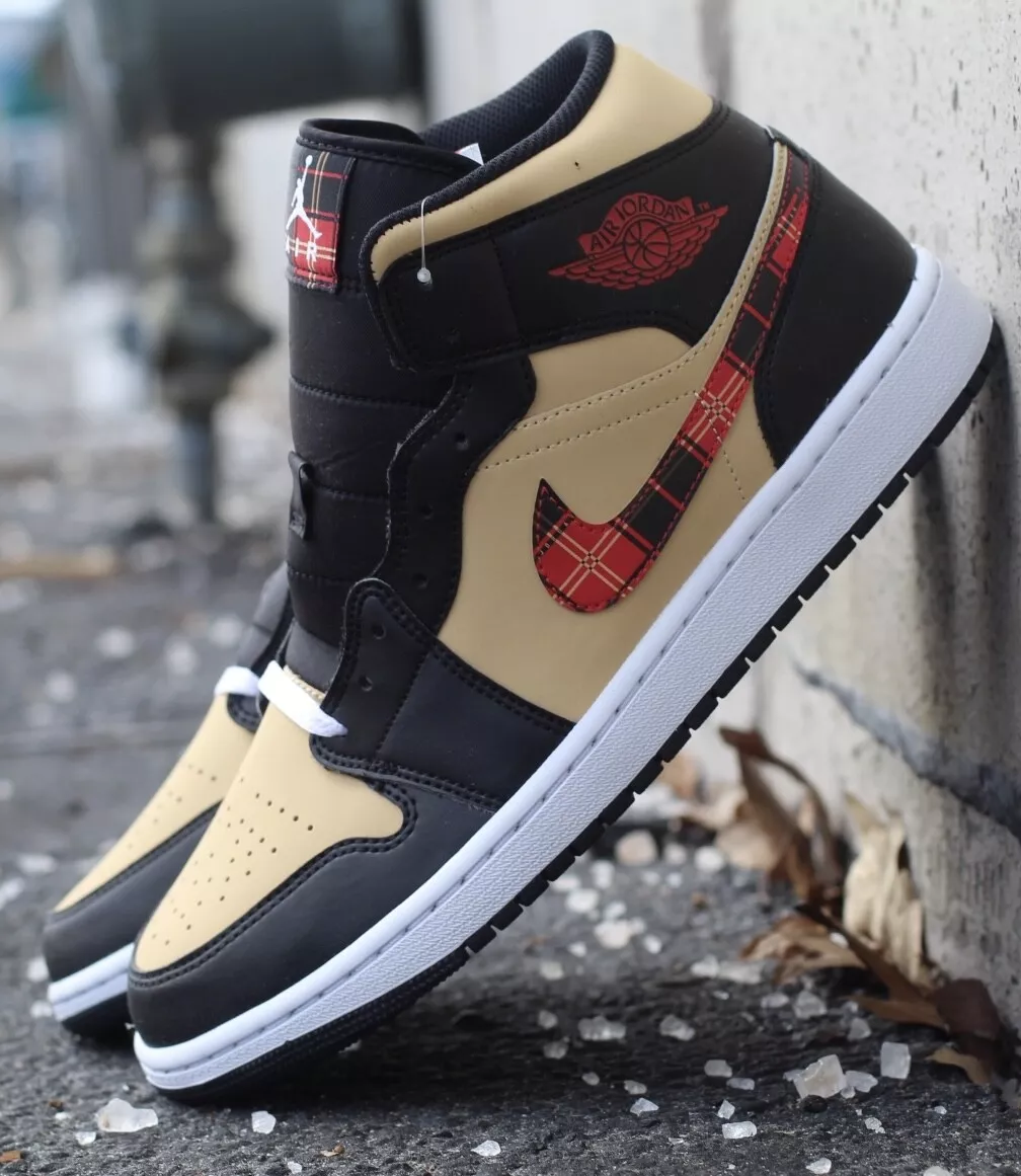 Nike Air Jordan 1 Mid Tartan Swoosh Tan Black Red DZ5329-001 Mens New