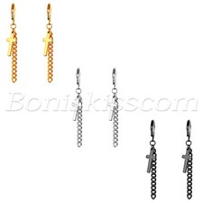 2pcs Men's Women's Stainless Steel Cross Tassel Chain Drop Huggie Hoop Earrings