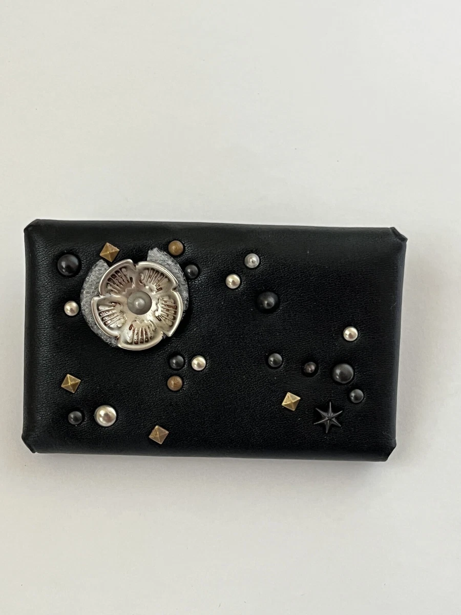 COACH TURNLOCK CARD CASE BLACK LEATHER TEA ROSE STUD EMBELLISHED