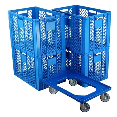 LOGIPLAST 4 Stück Bäckerkisten / Brotkisten mit Transportroller 600 x 400 x 410 mm in Blau
