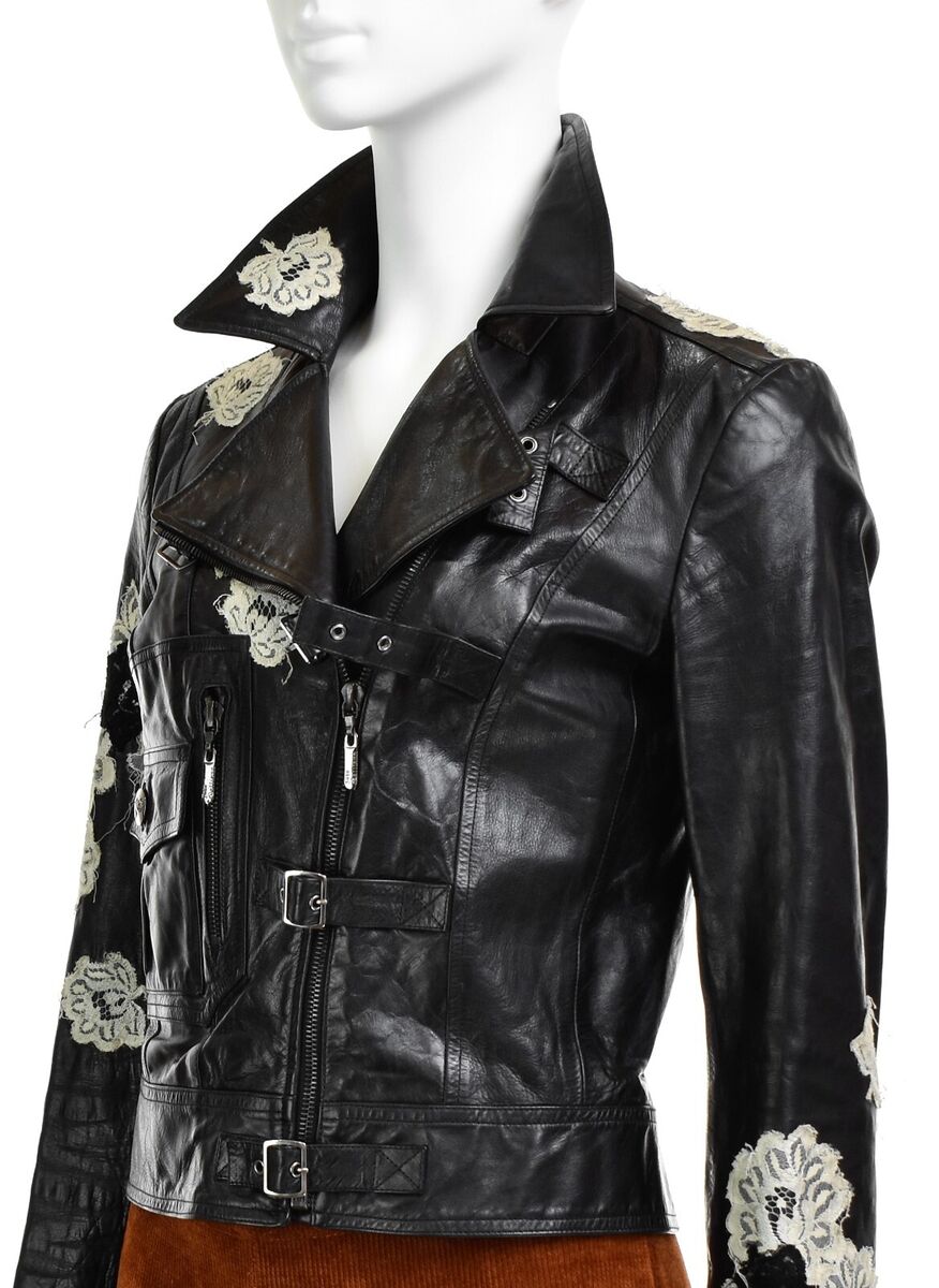 JOHN GALLIANO Vintage Leather Biker Jacket Lace Floral JOHN GALLIANO Vintage Leather Biker Jacket Lace Floral