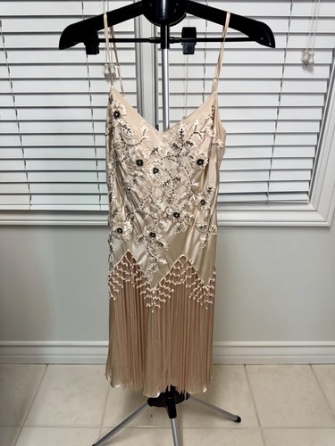 SUE WONG Nocturne Vintage 90 Blush Pink Beaded Embroidered Fringe Dress Size 6