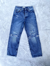 Womens Zara Jeans Denim Button Fly Bliss Straight Distressed Barrel Leg Sz 2 EUC