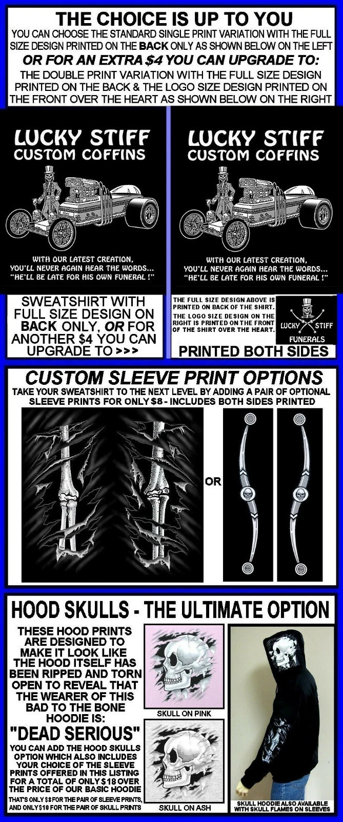 COACH Felpa con cappuccio Lucky Stiff Funeral personalizzata auto bara non in ritardo per funerale cerniera