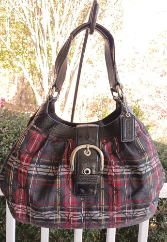 COACH F15487 VINTAGE SOHO BLACK & RED PLAID SIGNATURE C CANVAS HOBO & WALLET SET - Picture 2 of 22
