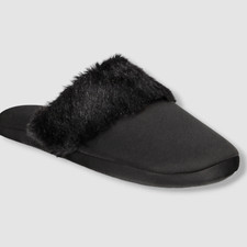 INC International Concepts Women's Black Faux-Fur-Trim Slippers Shoes Sz 7-8