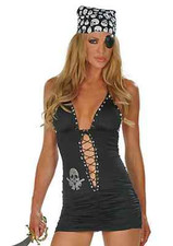 Ladies Pirate Costume 4 Pieces Size 10 Black Dress Thong Bandana & Eye Patch 