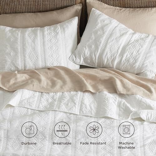 100% Cotton Quilt Set, Lightweight Bedspread, Cozy White Queen 01 - White - Bild 3 von 7