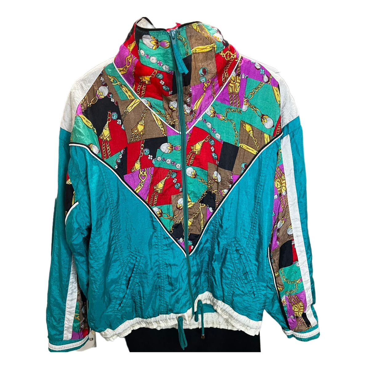 Vintage 80s 90s EVR Teal White Chain Colorful Windbreaker Jacket