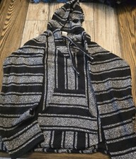 Mexican Baja Pullover Poncho Hoodie Black/white, Hippie Boho Size XL