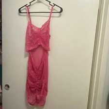 Lingerie Mini Dress S Small Hot Pink Sheer Lace Cutout Midriff Ruched Coquette