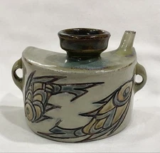 Yachimun Miyagi Sumiko Okinawa Pottery Fish Pattern Vase Used Ceramic Art