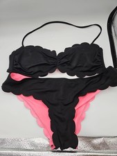 Victoria s Secret Vintage Bikini Black Hot Pink Scalloped Size Large