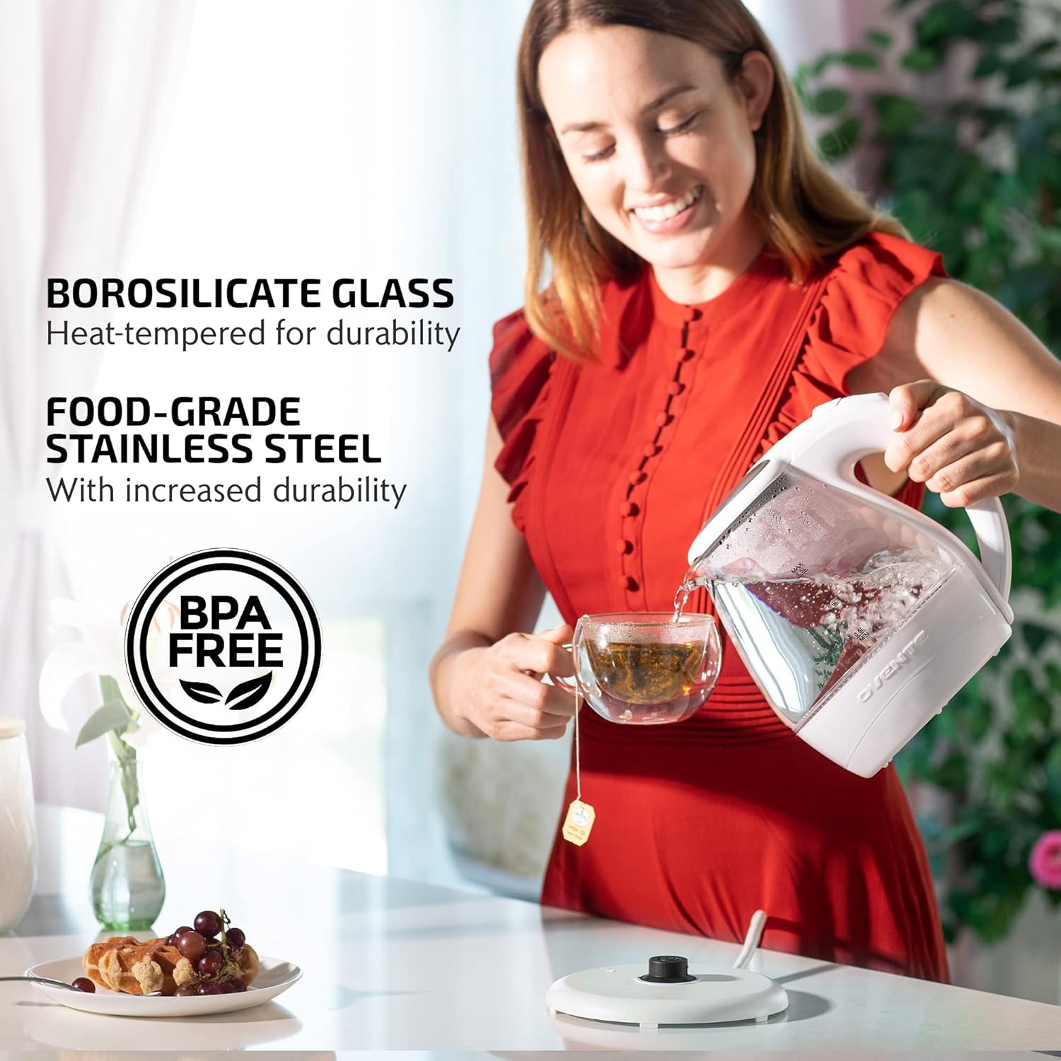 OVENTE 1.5L Glass Electric Kettle with Blue LED Light, 1100W Lighted White 