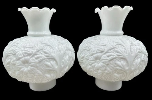 Set of 2 Vintage Fenton Milk Glass Electric Lamp Globe Shade White Poppy Flower