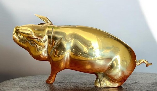 Vintage Solid Brass Pig Piggy Bank 960g Made In Korea 10.5” Pig Coin Bank