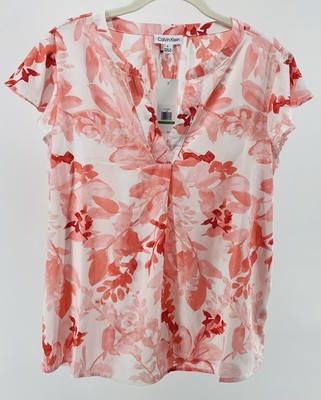 Calvin Klein Women s Large NWT Pink Floral Blouse Split Neck Short Sleeve Top