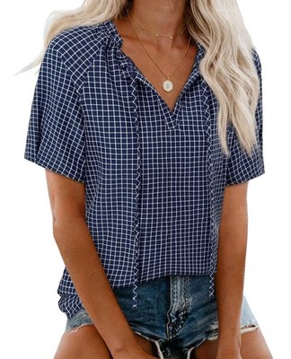 's Plaid Blouses with Bow Tie Short Sleeve Tunic Tops Dressy Casual Cute Summ...
