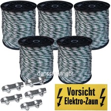 1000m Weidezaunseil 6mm 6x0.25 mm AL-Leiter weiss-gr&uuml;n+5Seilverbinder+Warnschild
