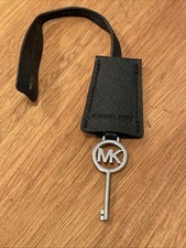 Michael Kors Silver Tone MK LOGO Purse Charm KEY FOB Hang Black Genuine Leather