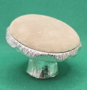 Vintage MCM Mushroom Pin Cushion Toadstool Beige Velvet Silver Toned Metal 1.75"