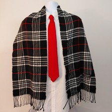 100 Cashmere Scarf Made In Scotland Unisex Black Tartan Plaid 65"x12" Red White