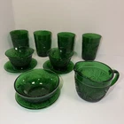 VINTAGE ANCHOR HOCKING FOREST GREEN SANDWICH GLASS LOT OF 11 PIECES