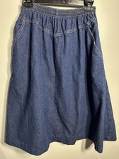Vintage Denim Skirt Midi Sz. Large Elastic Waist USA Prairie Western Boho Modest