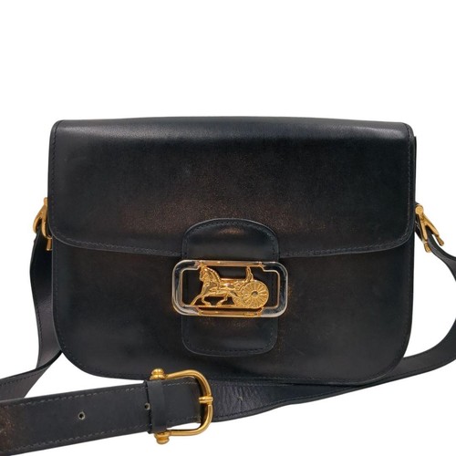 CELINE Leather Carriage Hardware Shoulder Bag Black Elegant Classic Used Japan