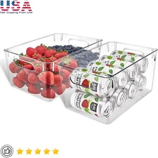 Large Fridge Organizer Pack of 2 PET Clear Stackable Storage Bins Easy to Clean 