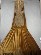 Alglist Dress Womens Small Gold Velvet Rhinestone Mermaid Gown Sheer Evening NWT