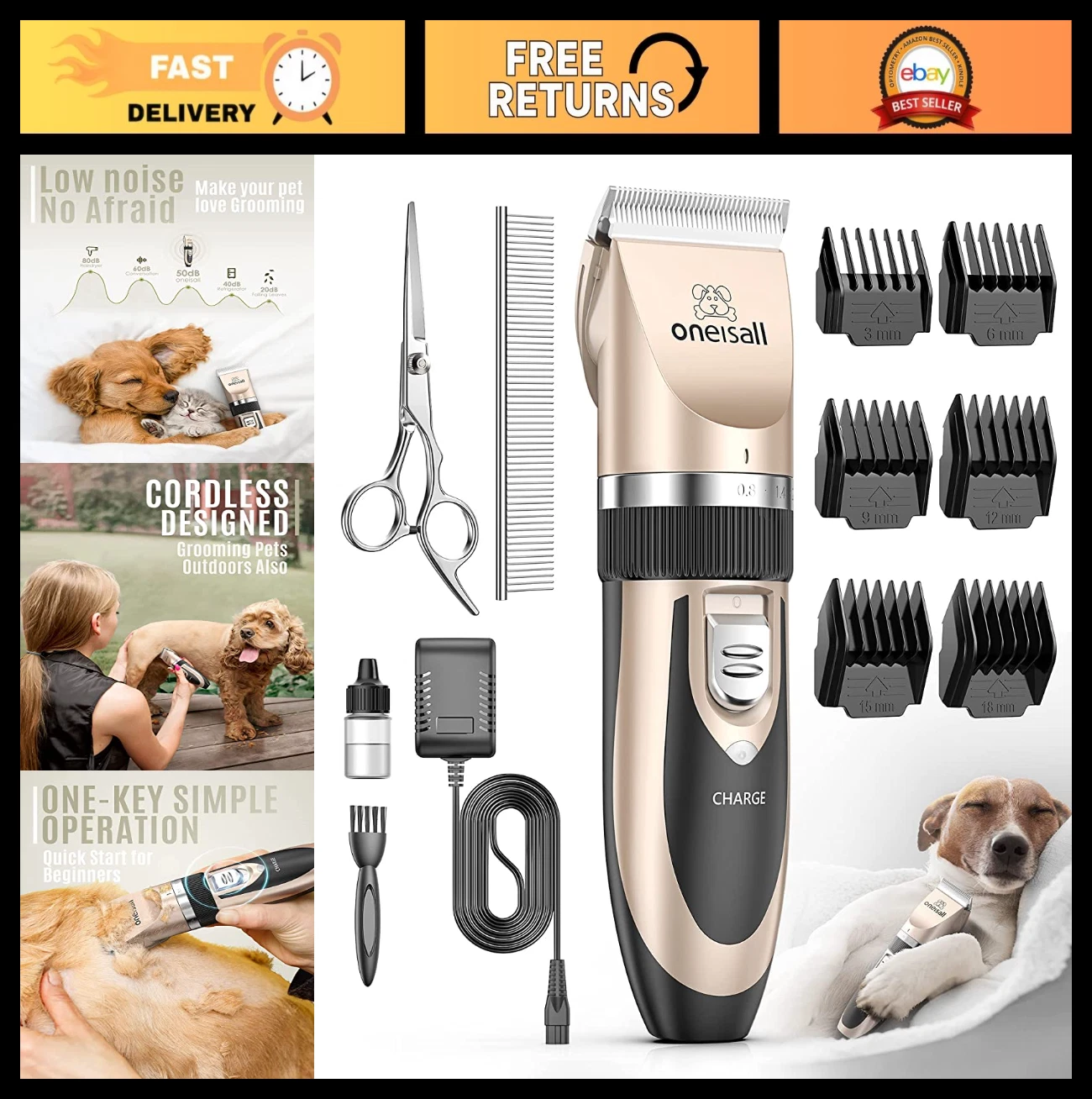 Low Noise Dog Clipper Kit, Cordless Rechargeable Pet Grooming Set for Dogs & Cat