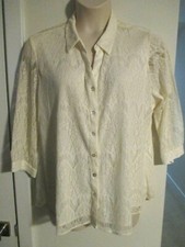 Chico's Size 3 Ivory Cotton Blend Lace 3/4 Sleeve Blouse w/ Lined Bodice - VGC
