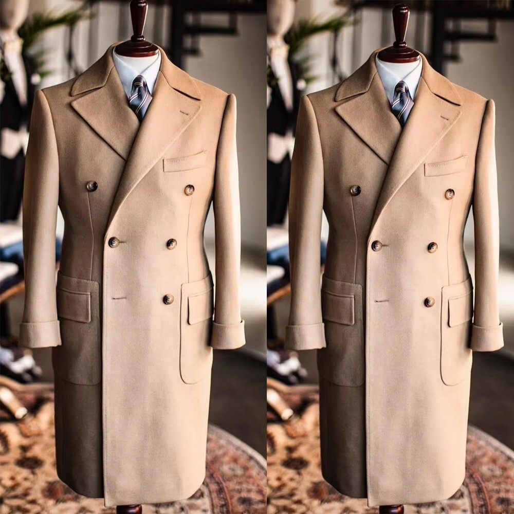 Khaki Men's Wool Overcoat Double Breasted Wide Peak Lapel Outdoor Warm Jacket