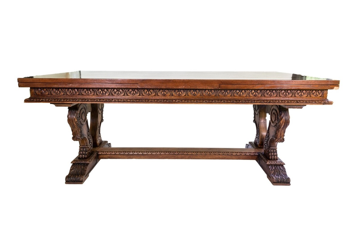 Vintage Spanish Oak Heavily Carved Trestle Dining Table | eBay