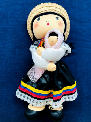 Vintage Stoff Mexiko Peru ethnisches Mädchen Frau Strohhut mit Baby schöne Puppe 10 Zoll