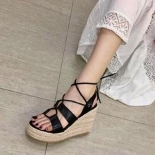 Ladies Wedge Sandals Leisure Strappy Platform Wedges High Heels Black High-Heele