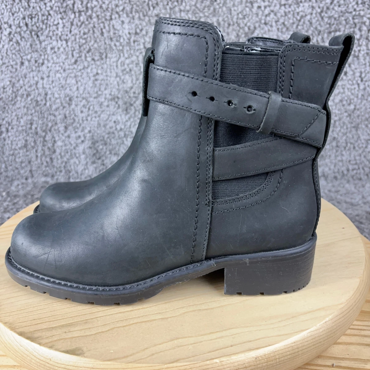 Clarks Boots Womens Size 7 Black Leather Moto Biker Buckle Zip