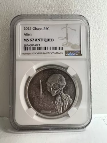 2021 Ghana 5 Cedis - Alien ET UFO UAP - 1oz Antiqued Silver Coin - NGC MS 67