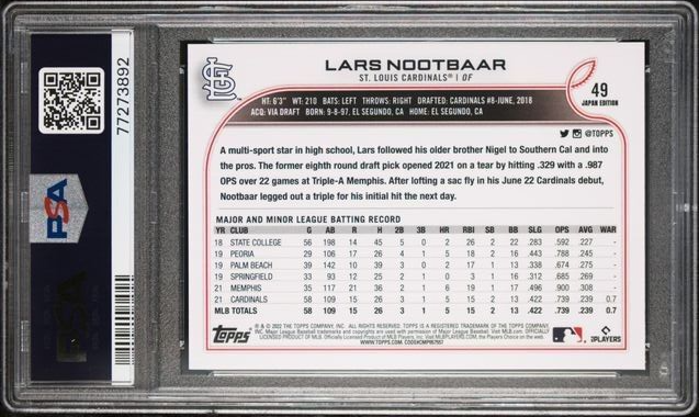 ゲームセンター・ゲームカード 2022 Topps Lars Nootbaar Auto PSA 9 2022 Topps Japan Edition #49 Lars Nootbaar RC PSA 9 St Louis