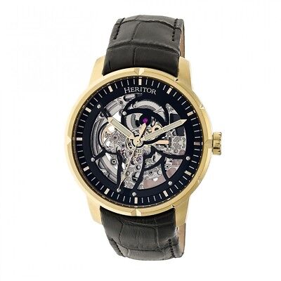 Heritor Automatic Ryder Herren Skelett Schwarz Leder Gold Uhr