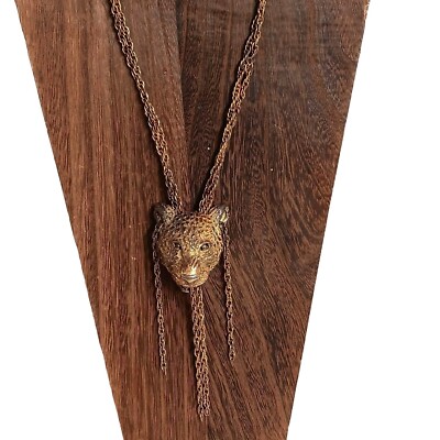 Large Gold Bolo Necklace Crown Trifari Leopard Pendant Tassel Cheetah Tiger  1960