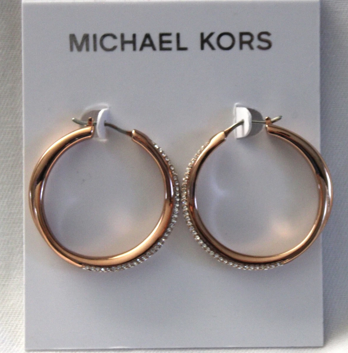 MICHAEL KORS Brilliance Rose Gold Tone Pave Crossover Hoop Earrings NWT